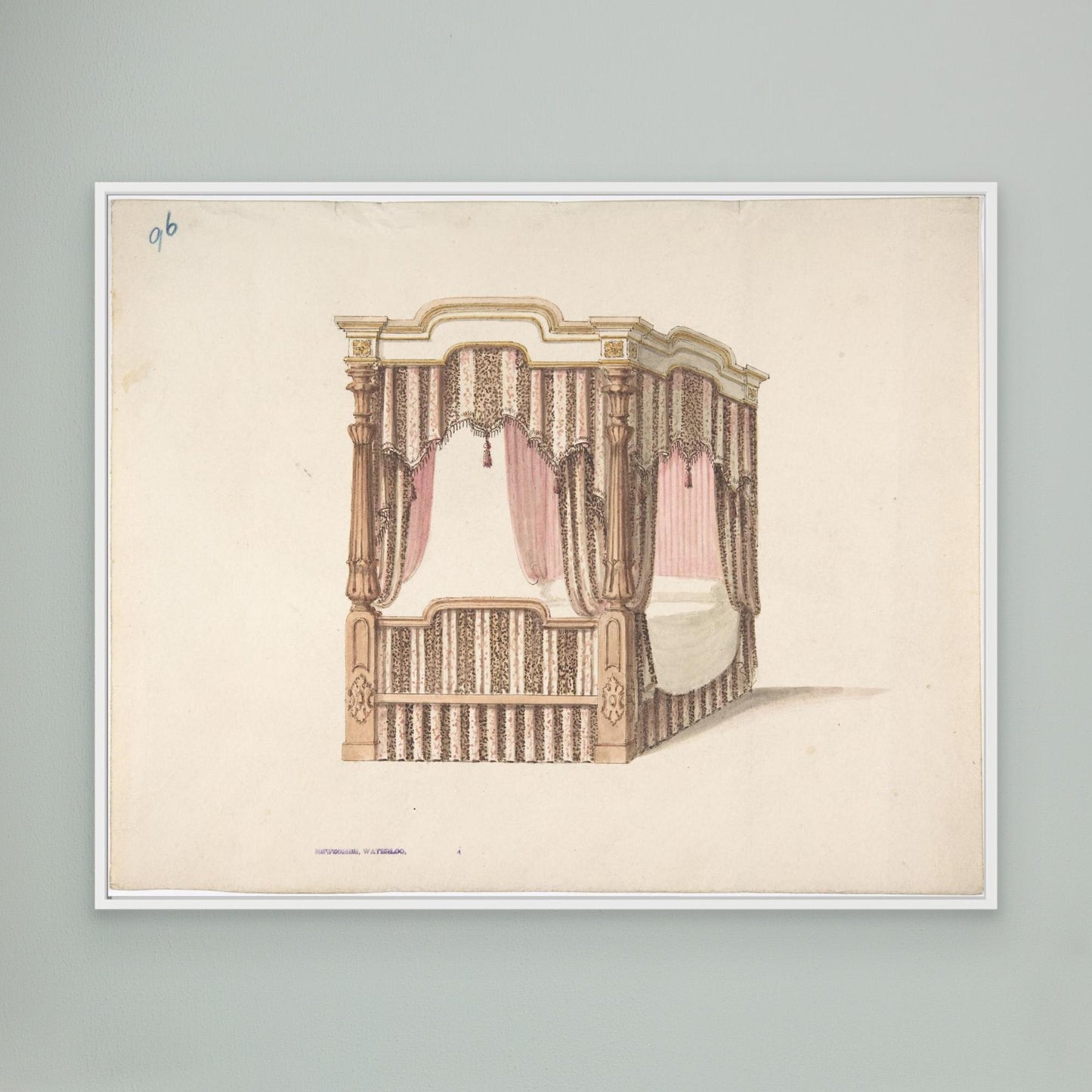 Design for a Four-poster Bed with Pink, Brown and White Draperies