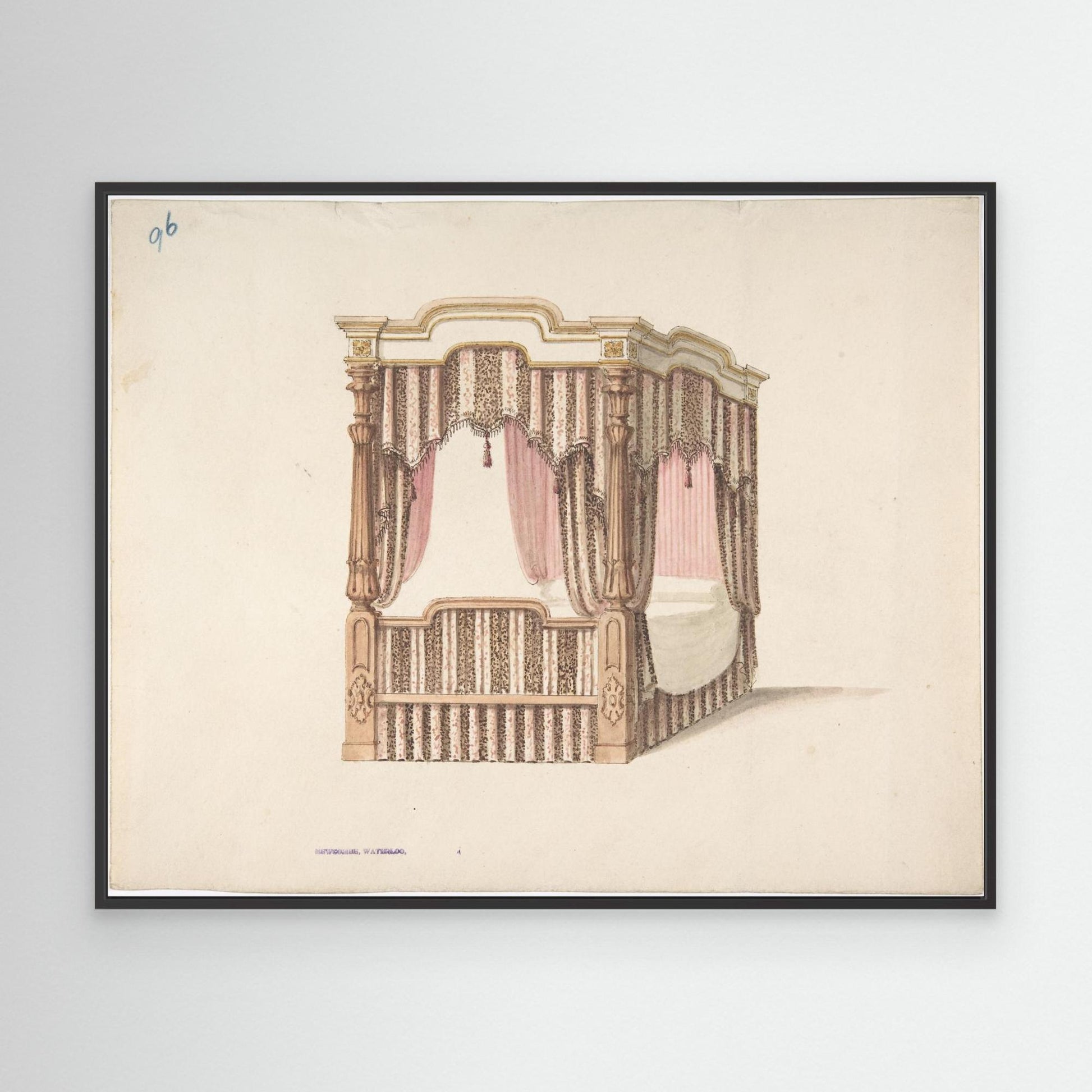 Design for a Four-poster Bed with Pink, Brown and White Draperies