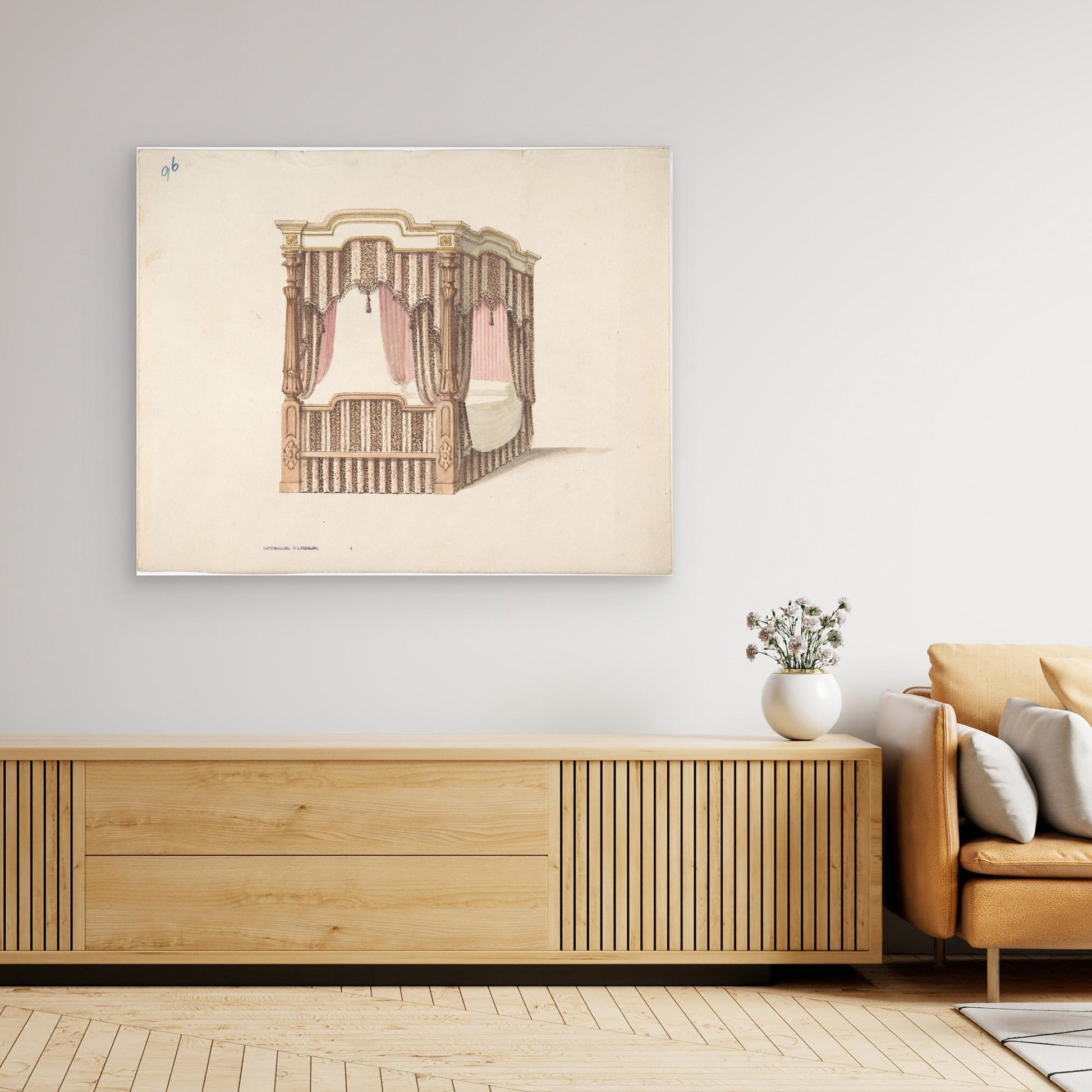 Design for a Four-poster Bed with Pink, Brown and White Draperies