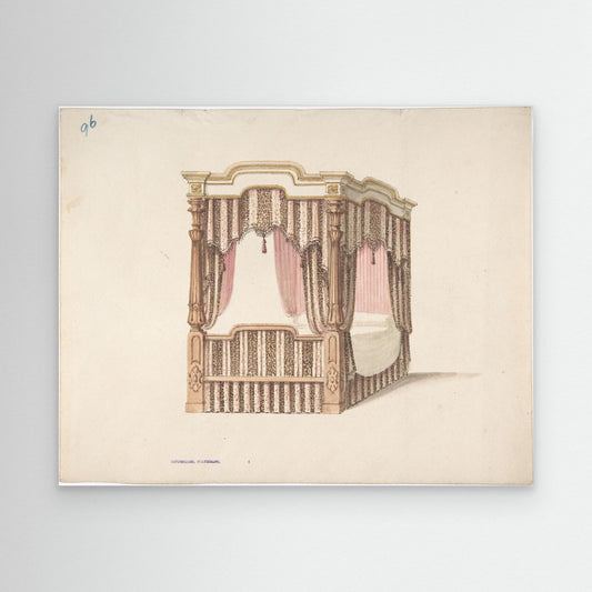 Design for a Four-poster Bed with Pink, Brown and White Draperies