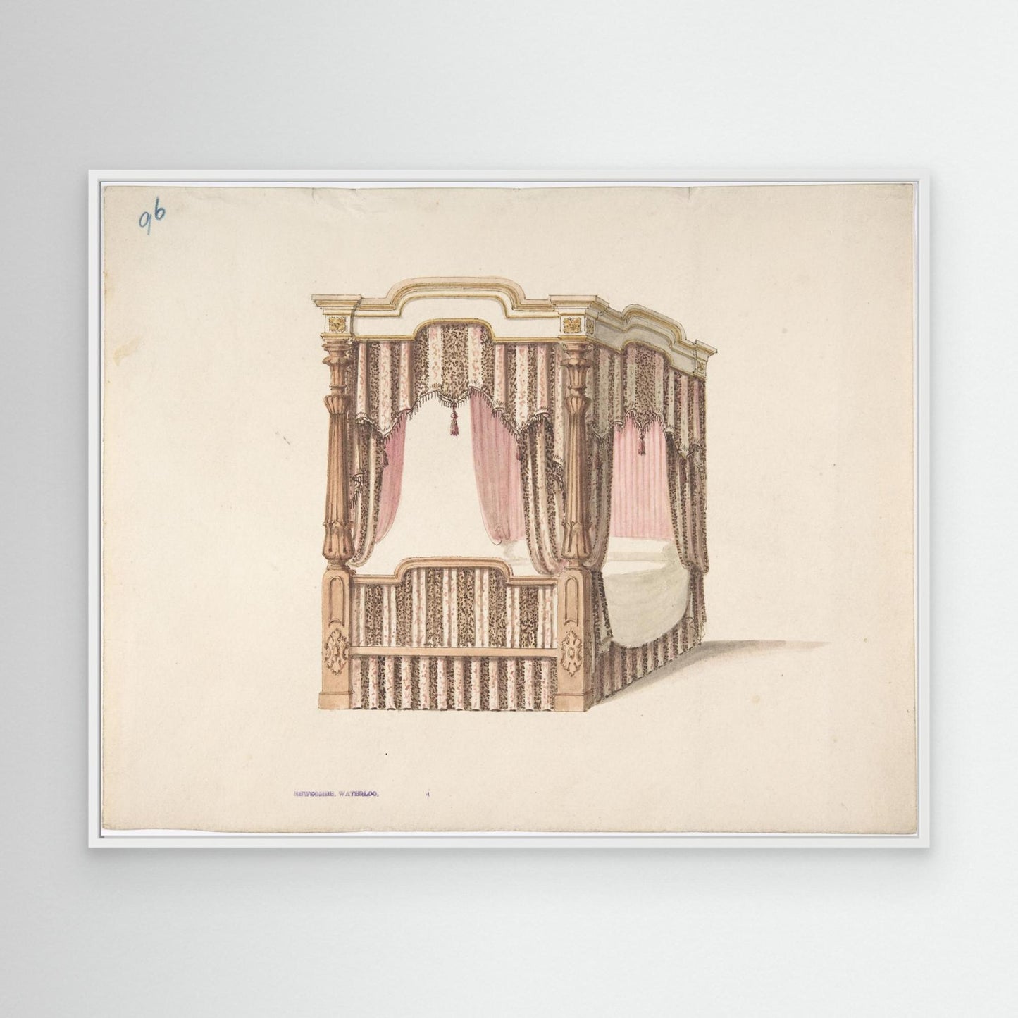 Design for a Four-poster Bed with Pink, Brown and White Draperies