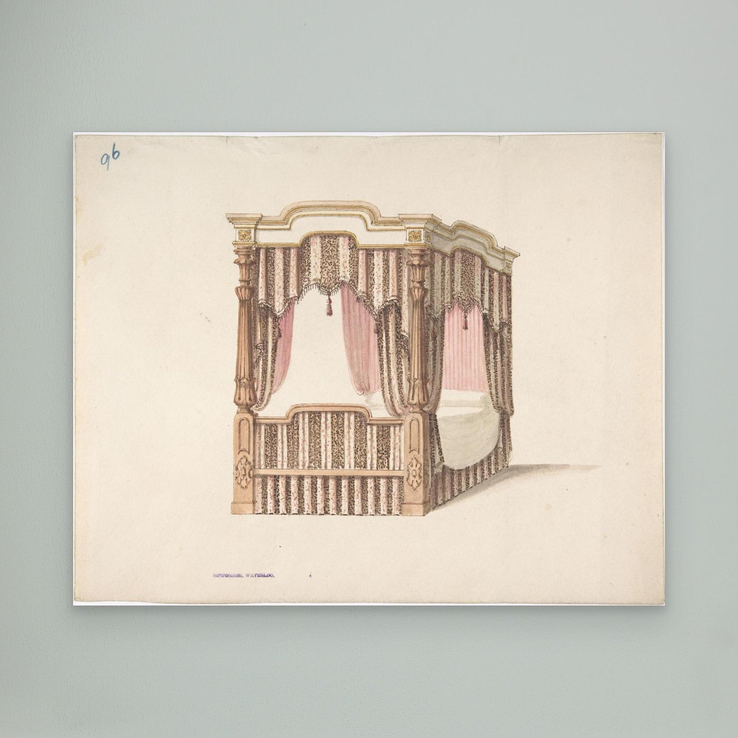 Design for a Four-poster Bed with Pink, Brown and White Draperies