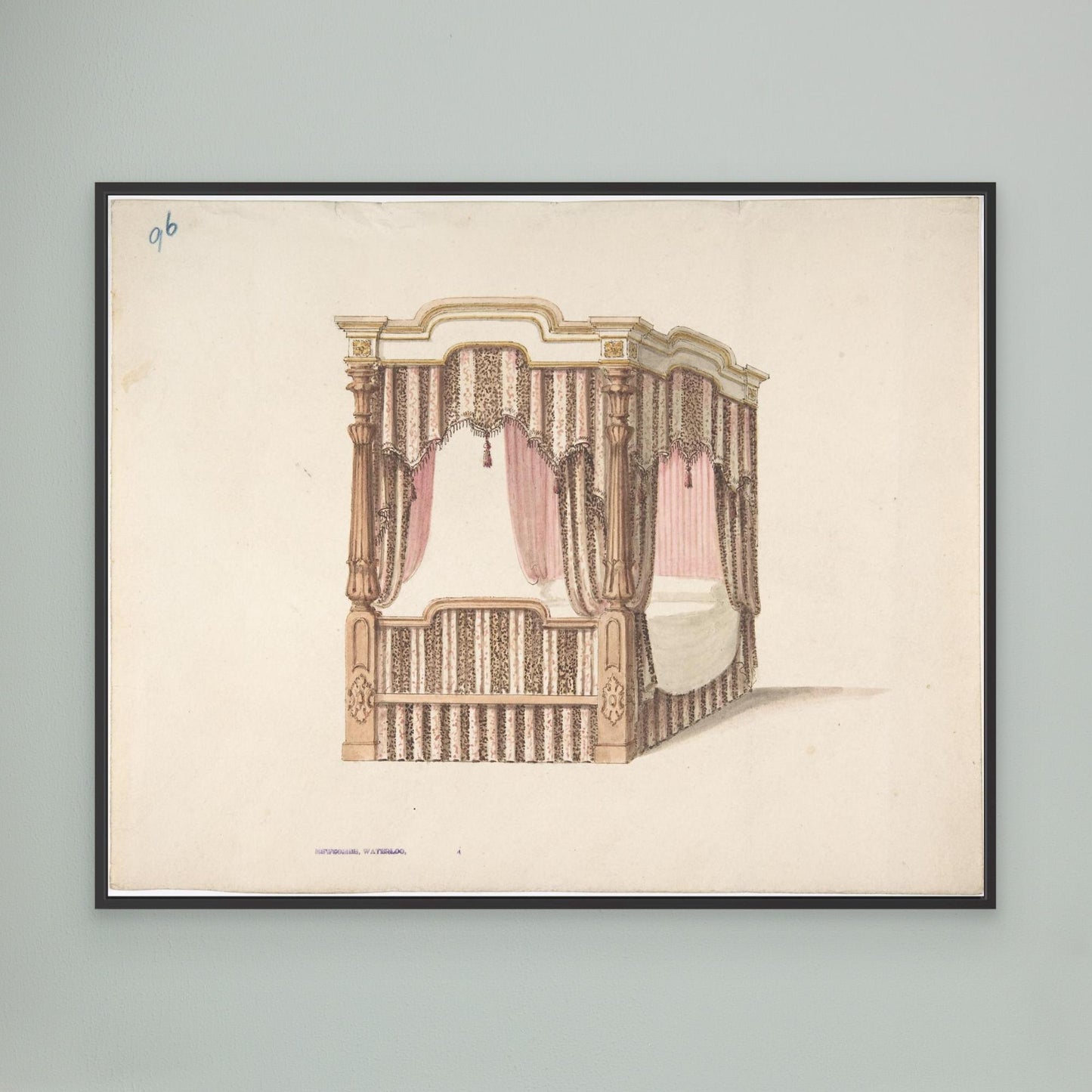 Design for a Four-poster Bed with Pink, Brown and White Draperies