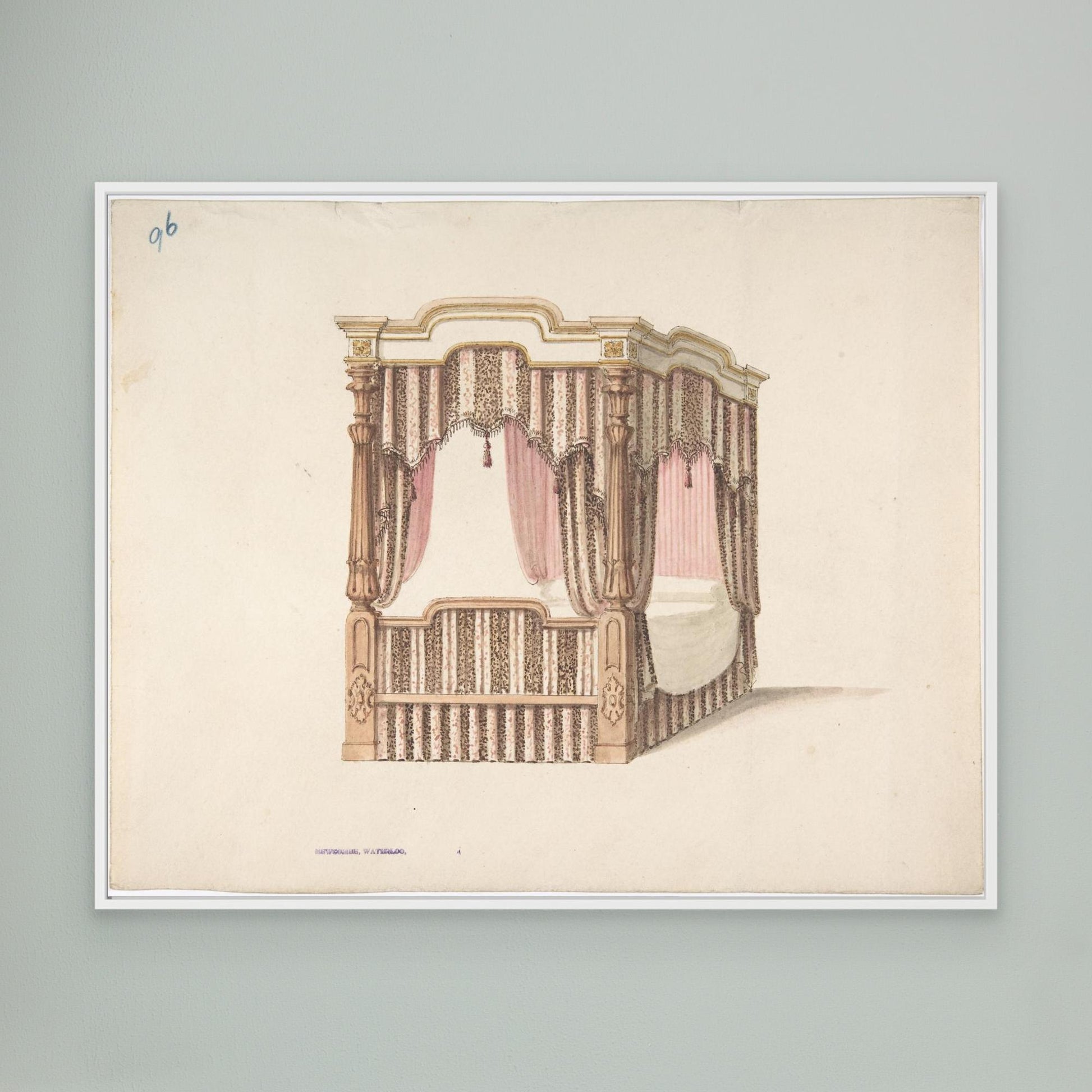 Design for a Four-poster Bed with Pink, Brown and White Draperies