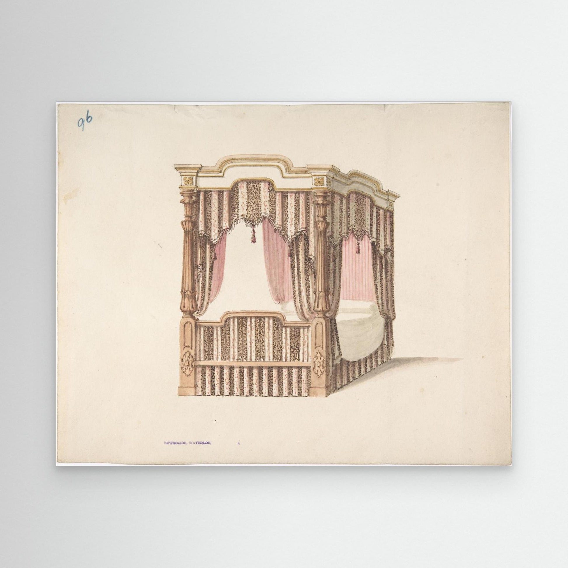 Design for a Four-poster Bed with Pink, Brown and White Draperies